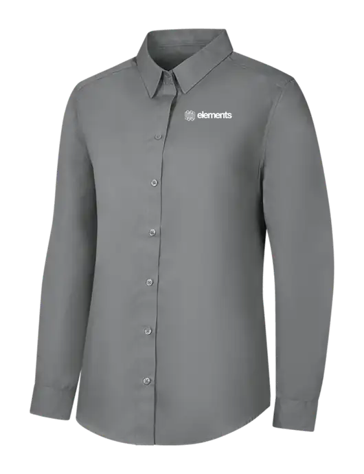 Womens Medium Grey Long Sleeve Carefree Poplin Shirt w/Elements Logo