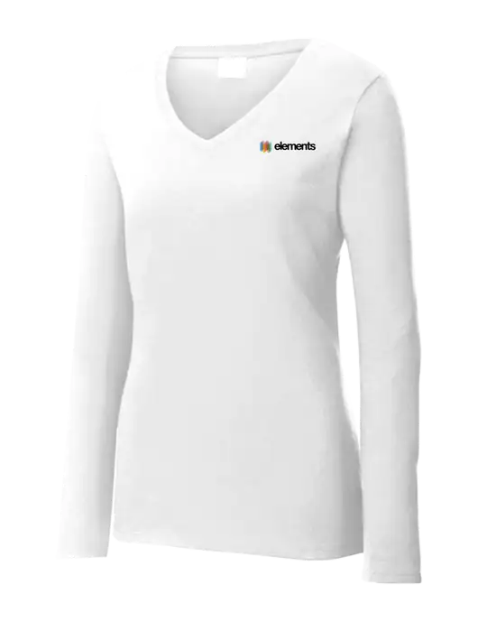 Womens  V-Neck Ring Spun White 4.5 oz Long Sleeve T-Shirt w/Elements Logo