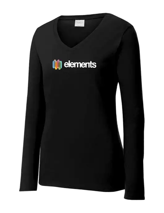 Womens V-Neck Ring Spun Jet Black 4.5 oz Long Sleeve T-Shirt w/Elements Logo