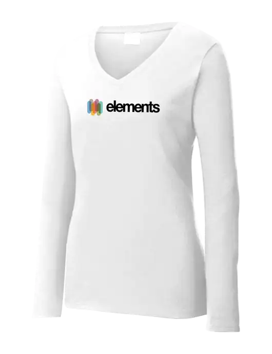Womens  V-Neck Ring Spun White 4.5 oz Long Sleeve T-Shirt w/Elements Logo